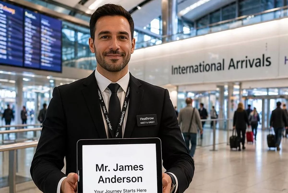 Professional Heathrow chauffeur greeting a passenger with luggage for luxury airport transfer in London.