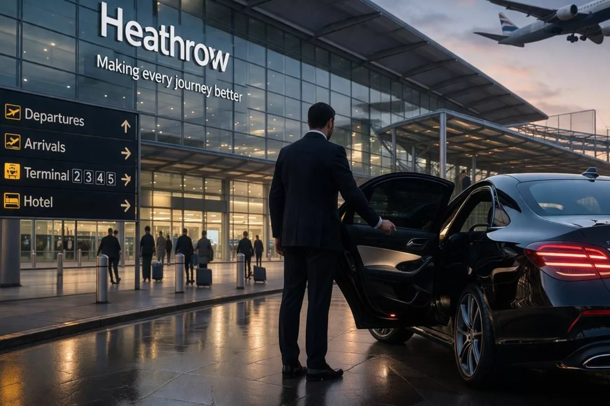 Luxury Mercedes chauffeur parked at Heathrow Airport for premium airport transfers.