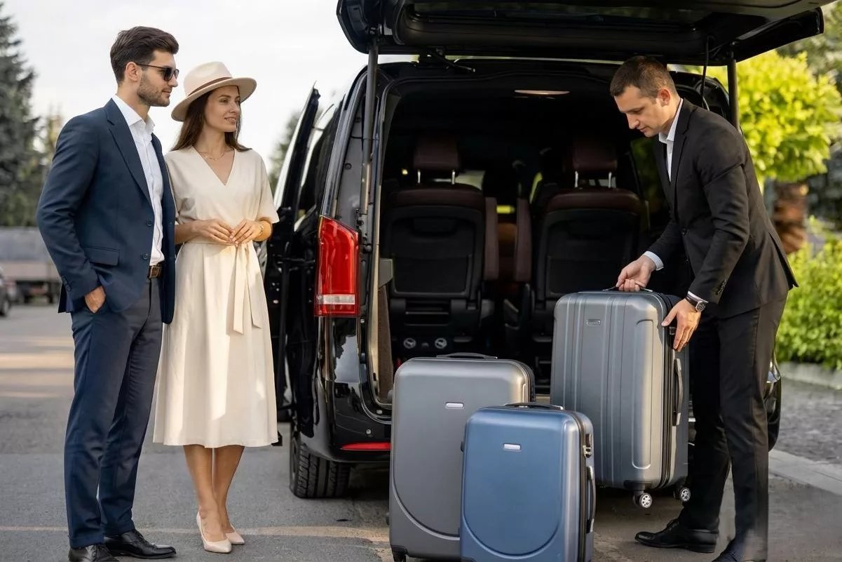 Passengers enjoying luxury V-Class chauffeur transfer to the airport.